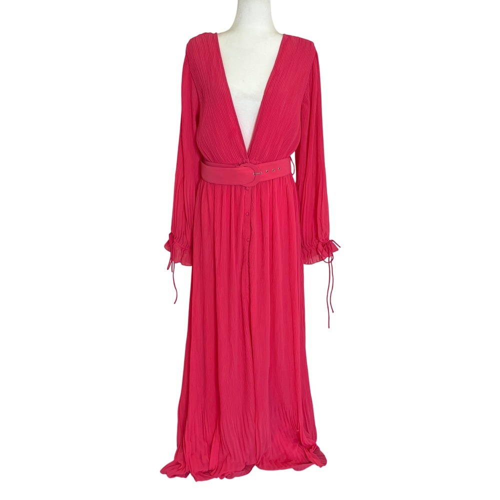Asos Stunning Pleated V Neck Maxi Dress Belt Pink Long Sleeve sz 8 NWT Wedding